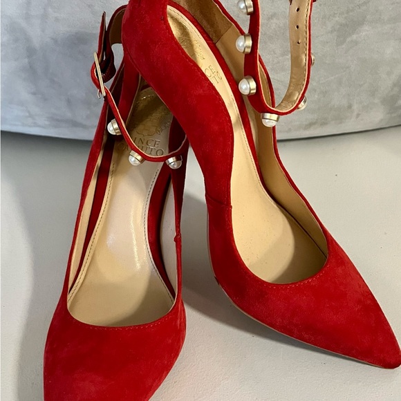 Vince Camuto Jassita Red Suede Jeweled Pearl Ankle Strap Pump - Size 7-1/2 - Picture 3 of 10